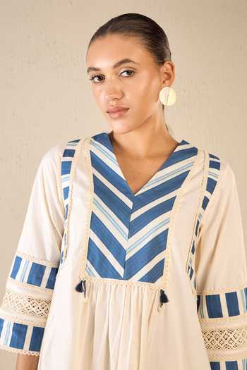 Shivani Bhargava_Blue Cotton Lace V-neck Meadow Striped Print Yoke Kurta _at_Aza_Fashions