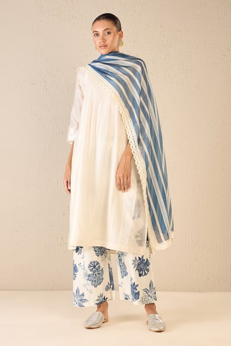 Shivani Bhargava Blue Kurta And Dupatta Chanderi Pintucked Notched Floral Odyssey A-line Set 