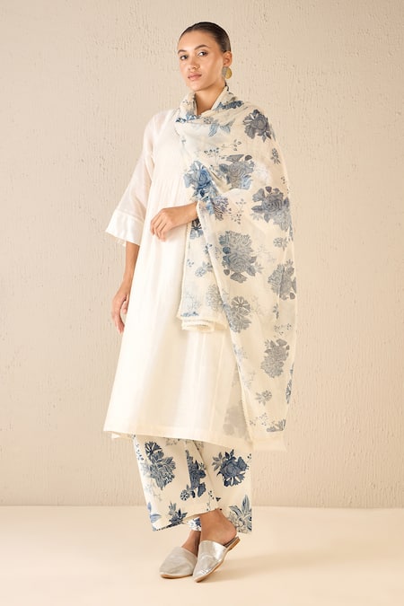 Shivani Bhargava Blue Kurta And Dupatta Chanderi Pintucked Floral Odyssey Straight Pant Set 