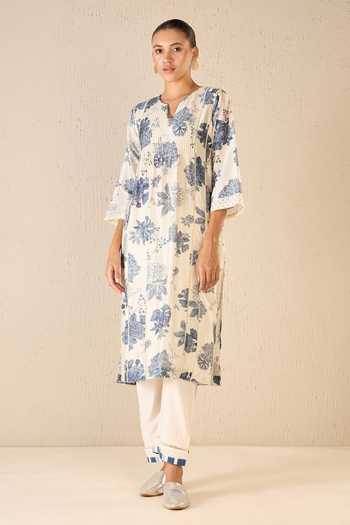 Shivani Bhargava Blue Chanderi, Cotton Lace Round Neck Bloom Garden Print Pintucked Yoke Kurta Online at Aza Fashions Shivani Bhargava_Blue Chanderi, Cotton Lace Round Neck Bloom Garden Print Pintucked Yoke Kurta _Online_at_Aza_Fashions