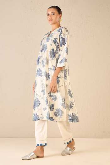 Buy Shivani Bhargava Blue Chanderi, Cotton Lace Round Neck Bloom Garden Print Pintucked Yoke Kurta Online at Aza Fashions Buy_Shivani Bhargava_Blue Chanderi, Cotton Lace Round Neck Bloom Garden Print Pintucked Yoke Kurta _Online_at_Aza_Fashions