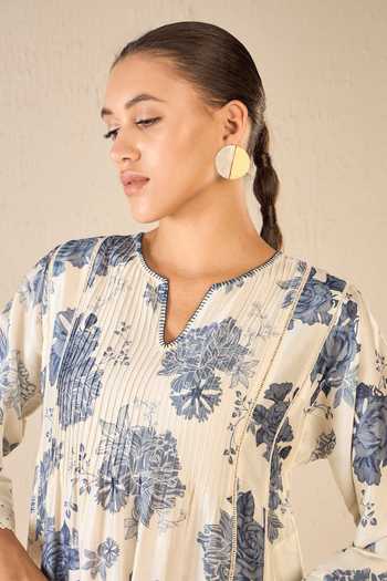 Shop Shivani Bhargava Blue Chanderi, Cotton Lace Round Neck Bloom Garden Print Pintucked Yoke Kurta Online at Aza Fashions Shop_Shivani Bhargava_Blue Chanderi, Cotton Lace Round Neck Bloom Garden Print Pintucked Yoke Kurta _Online_at_Aza_Fashions