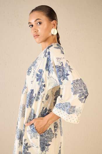 Shivani Bhargava Blue Chanderi, Cotton Lace Round Neck Bloom Garden Print Pintucked Yoke Kurta at Aza Fashions Shivani Bhargava_Blue Chanderi, Cotton Lace Round Neck Bloom Garden Print Pintucked Yoke Kurta _at_Aza_Fashions