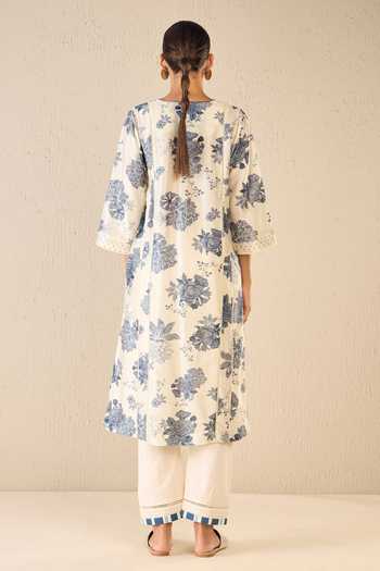 Shop Shivani Bhargava Blue Chanderi, Cotton Lace Round Neck Bloom Garden Print Pintucked Yoke Kurta at Aza Fashions Shop_Shivani Bhargava_Blue Chanderi, Cotton Lace Round Neck Bloom Garden Print Pintucked Yoke Kurta _at_Aza_Fashions