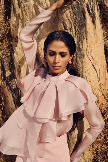 Ritika Arya Jain_Pink Organza, Crepe High Neck Solid Ruffled Shirt _Online_at_Aza_Fashions