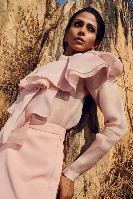 Buy_Ritika Arya Jain_Pink Organza, Crepe High Neck Solid Ruffled Shirt _Online_at_Aza_Fashions
