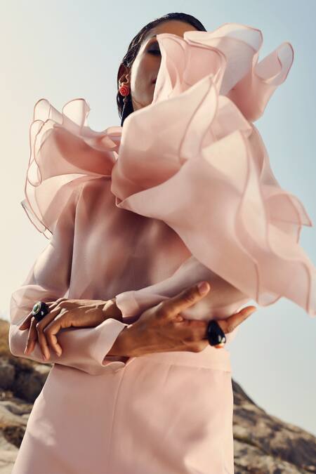 Shop_Ritika Arya Jain_Pink Organza, Crepe High Neck Solid Ruffled Shirt _Online_at_Aza_Fashions