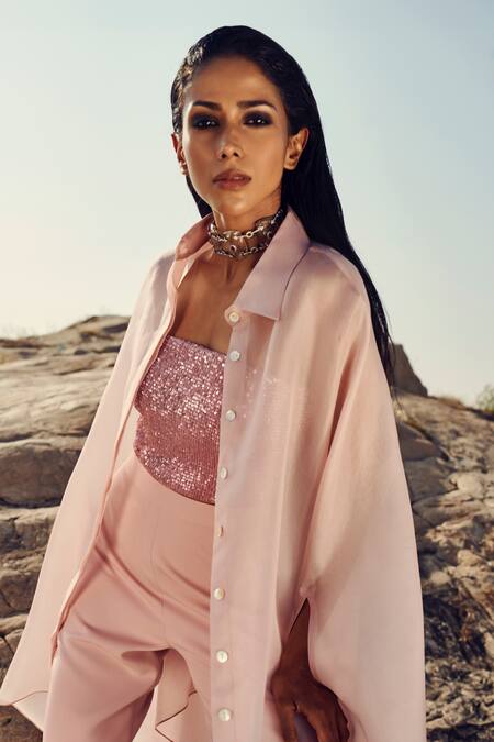 Ritika Arya Jain_Pink Organza, Crepe, Lycra Sequins Collared, Solid Longline Shirt Pant Set _Online_at_Aza_Fashions