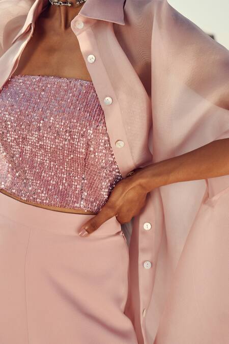 Buy_Ritika Arya Jain_Pink Organza, Crepe, Lycra Sequins Collared, Solid Longline Shirt Pant Set _Online_at_Aza_Fashions
