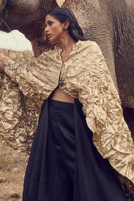 Buy_Ritika Arya Jain_Gold Organza, Satin V-neck Cleopatra Solid Top _Online_at_Aza_Fashions