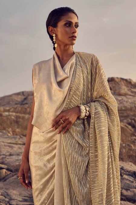 Ritika Arya Jain_Gold Satin, Silk Cowl Neck Solid Drift Skirt Saree With Top _Online_at_Aza_Fashions