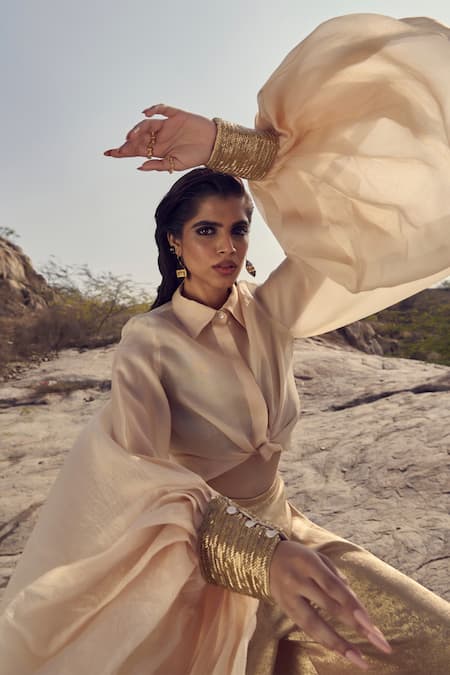 Ritika Arya Jain_Gold Organza, Satin Cut Work Collared Cuff Embroidered Shirt _Online_at_Aza_Fashions