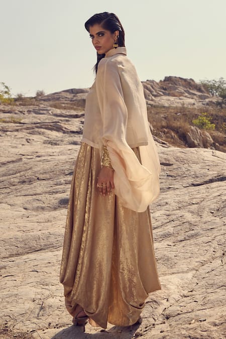 Buy_Ritika Arya Jain_Gold Organza, Satin Cut Work Collared Cuff Embroidered Shirt _Online_at_Aza_Fashions