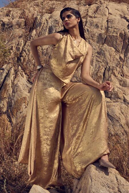 Ritika Arya Jain_Gold Silk , Cowl Neck Midas Solid Top And Romeo Pant Set _Online_at_Aza_Fashions