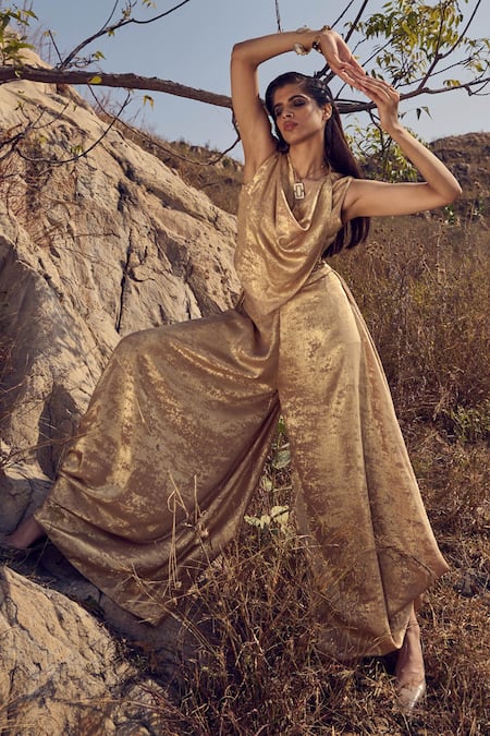 Buy_Ritika Arya Jain_Gold Silk , Cowl Neck Midas Solid Top And Romeo Pant Set _Online_at_Aza_Fashions