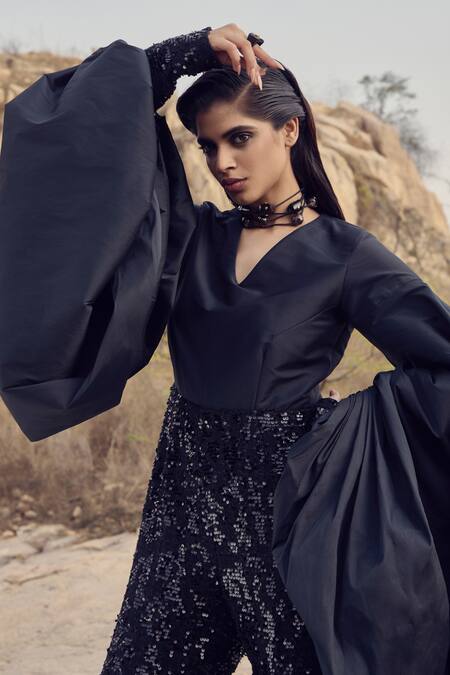 Ritika Arya Jain_Black Tweed, Taffeta Embroidery V-neck Wanderer Sequins Jumpsuit _Online_at_Aza_Fashions