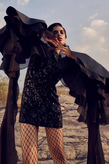 Ritika Arya Jain_Black Tweed, Organza, Taffeta Sequins Round Neck Embellished Bell Sleeve Dress _Online_at_Aza_Fashions