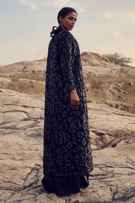 Ritika Arya Jain Sequin Embellished Long Trench Jacket Skirt Set 