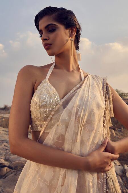 Ritika Arya Jain_Beige Satin, Tweed, Floral Bloom Embellished Pre-draped Saree With Bralette _Online_at_Aza_Fashions