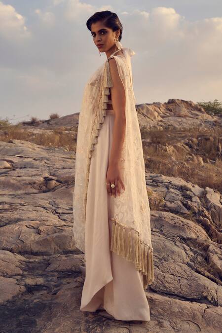 Buy_Ritika Arya Jain_Beige Satin, Tweed, Floral Bloom Embellished Pre-draped Saree With Bralette _Online_at_Aza_Fashions