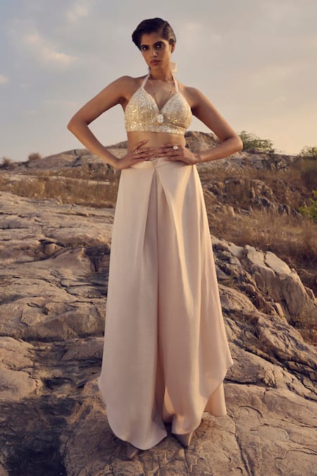 Ritika Arya Jain_Beige Crepe, Satin Sequins Halter Neck Embellished Long Trench Jacket Pant Set _Online_at_Aza_Fashions