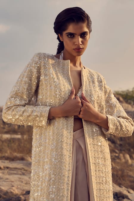 Buy_Ritika Arya Jain_Beige Crepe, Satin Sequins Halter Neck Embellished Long Trench Jacket Pant Set _Online_at_Aza_Fashions