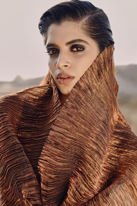Ritika Arya Jain_Brown Crepe Cowl Neck Two Tone Peplum Love Top _Online_at_Aza_Fashions
