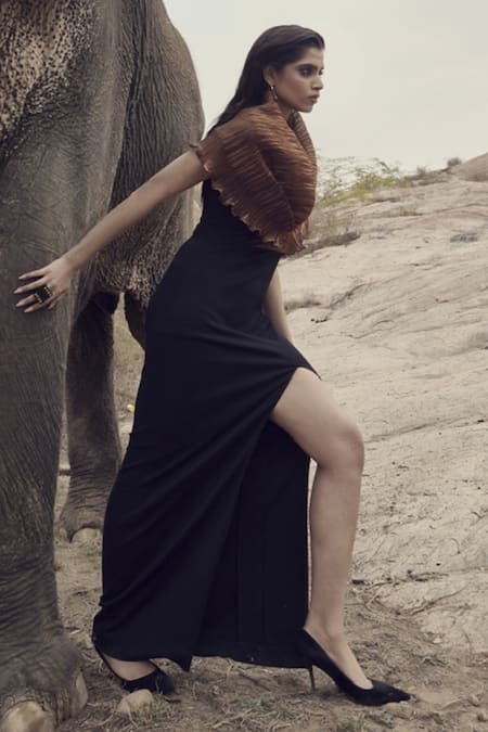 Ritika Arya Jain_Brown Cowl Neck Metallic Draped Gown _Online_at_Aza_Fashions