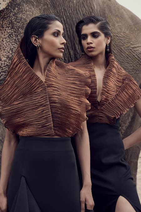 Ritika Arya Jain_Brown Crepe V-neck Metallic Wrapped Top _Online_at_Aza_Fashions