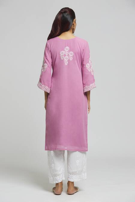 Shop Samyukta Singhania Purple Cotton Embroidery Round Neck Chikankari Kurta With Dupatta at Aza Fashions Shop_Samyukta Singhania_Purple Cotton Embroidery Round Neck Chikankari Kurta With Dupatta_at_Aza_Fashions