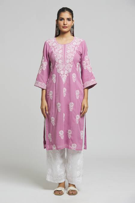 Samyukta Singhania Purple Cotton Embroidery Round Neck Chikankari Kurta With Dupatta Online at Aza Fashions Samyukta Singhania_Purple Cotton Embroidery Round Neck Chikankari Kurta With Dupatta_Online_at_Aza_Fashions