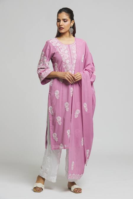 Buy Samyukta Singhania Purple Cotton Embroidery Round Neck Chikankari Kurta With Dupatta Online at Aza Fashions Buy_Samyukta Singhania_Purple Cotton Embroidery Round Neck Chikankari Kurta With Dupatta_Online_at_Aza_Fashions