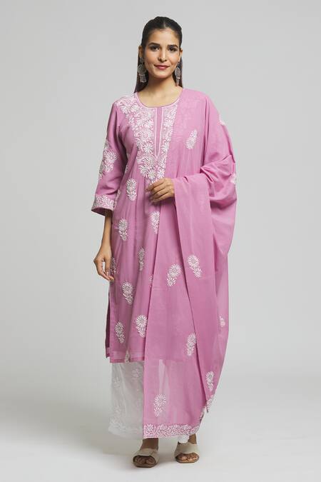 Shop Samyukta Singhania Purple Cotton Embroidery Round Neck Chikankari Kurta With Dupatta Online at Aza Fashions Shop_Samyukta Singhania_Purple Cotton Embroidery Round Neck Chikankari Kurta With Dupatta_Online_at_Aza_Fashions
