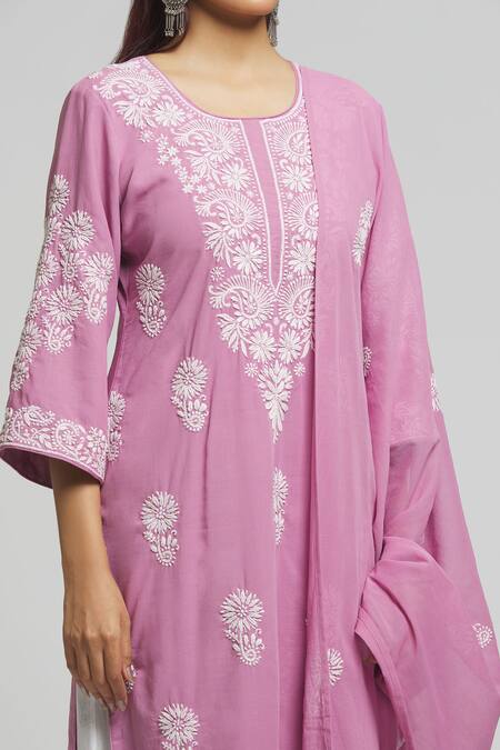 Samyukta Singhania Purple Cotton Embroidery Round Neck Chikankari Kurta With Dupatta at Aza Fashions Samyukta Singhania_Purple Cotton Embroidery Round Neck Chikankari Kurta With Dupatta_at_Aza_Fashions