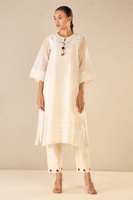 Shivani Bhargava Ivory Chanderi Printed Polka Dot Round Yoke Kurta 