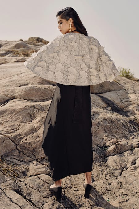 Shop_Ritika Arya Jain_Silver Satin, Tissue Embroidery Scoop Neck Floral Applique Cape And Skirt Set _at_Aza_Fashions