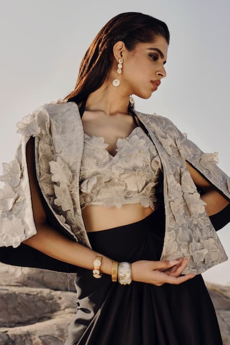 Ritika Arya Jain_Silver Satin, Tissue Embroidery Scoop Neck Floral Applique Cape And Skirt Set _Online_at_Aza_Fashions