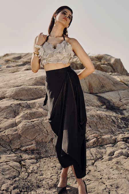 Buy_Ritika Arya Jain_Silver Satin, Tissue Embroidery Scoop Neck Floral Applique Cape And Skirt Set _Online_at_Aza_Fashions