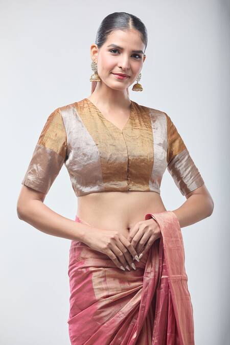 Sheela Suthar Gold Handwoven Pure Tissue V- Neck Dark Suvarna Zari Blouse Online at Aza Fashions Sheela Suthar_Gold Handwoven Pure Tissue V- Neck Dark Suvarna Zari Blouse _Online_at_Aza_Fashions