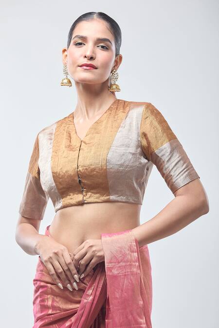 Buy Sheela Suthar Gold Handwoven Pure Tissue V- Neck Dark Suvarna Zari Blouse Online at Aza Fashions Buy_Sheela Suthar_Gold Handwoven Pure Tissue V- Neck Dark Suvarna Zari Blouse _Online_at_Aza_Fashions