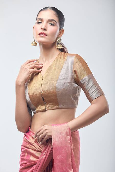Shop Sheela Suthar Gold Handwoven Pure Tissue V- Neck Dark Suvarna Zari Blouse Online at Aza Fashions Shop_Sheela Suthar_Gold Handwoven Pure Tissue V- Neck Dark Suvarna Zari Blouse _Online_at_Aza_Fashions