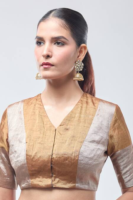 Sheela Suthar Gold Handwoven Pure Tissue V- Neck Dark Suvarna Zari Blouse at Aza Fashions Sheela Suthar_Gold Handwoven Pure Tissue V- Neck Dark Suvarna Zari Blouse _at_Aza_Fashions