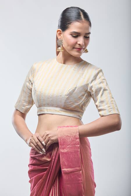 Sheela Suthar Gold Tissue Zari Round Neck Handwoven Blouse Online at Aza Fashions Sheela Suthar_Gold Tissue Zari Round Neck Handwoven Blouse _Online_at_Aza_Fashions