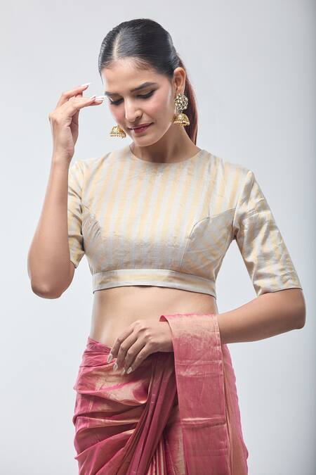 Buy Sheela Suthar Gold Tissue Zari Round Neck Handwoven Blouse Online at Aza Fashions Buy_Sheela Suthar_Gold Tissue Zari Round Neck Handwoven Blouse _Online_at_Aza_Fashions