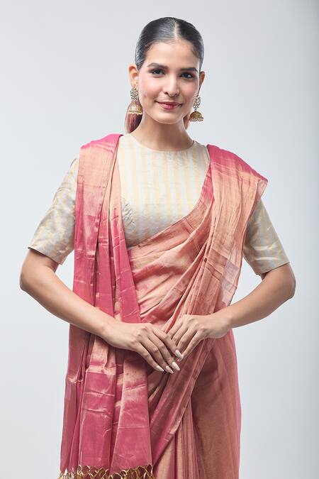 Shop Sheela Suthar Pink Handloom Cotton Pure Saree With Running Blouse Online at Aza Fashions Shop_Sheela Suthar_Pink Handloom Cotton Pure Saree With Running Blouse _Online_at_Aza_Fashions