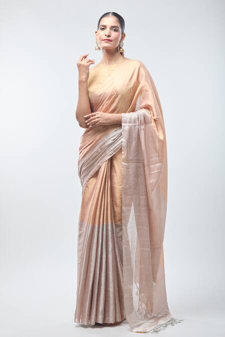 Sheela Suthar Peach Tissue, Handloom Cotton Zari Suvarna Saree With Running Blouse Online at Aza Fashions Sheela Suthar_Peach Tissue, Handloom Cotton Zari Suvarna Saree With Running Blouse _Online_at_Aza_Fashions