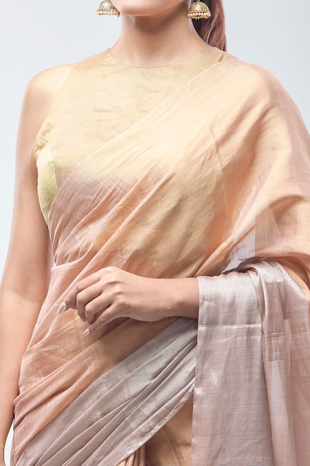 Shop Sheela Suthar Peach Tissue, Handloom Cotton Zari Suvarna Saree With Running Blouse Online at Aza Fashions Shop_Sheela Suthar_Peach Tissue, Handloom Cotton Zari Suvarna Saree With Running Blouse _Online_at_Aza_Fashions