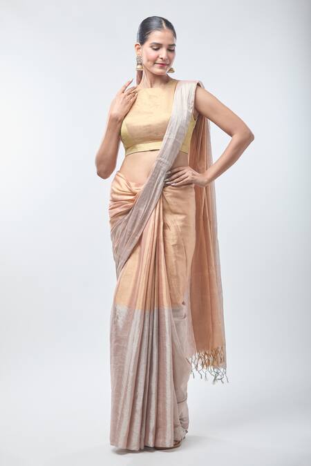 Sheela Suthar Peach Tissue, Handloom Cotton Zari Suvarna Saree With Running Blouse at Aza Fashions Sheela Suthar_Peach Tissue, Handloom Cotton Zari Suvarna Saree With Running Blouse _at_Aza_Fashions