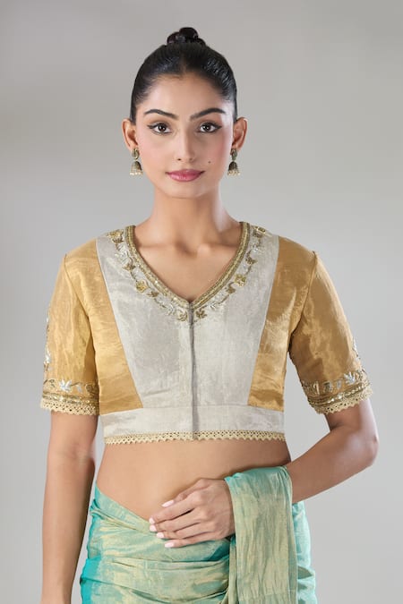 Sheela Suthar Gold Handwoven Pure Tissue Embroidered Zari V- Neck Suvarna Blouse