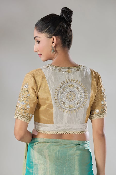 Shop Sheela Suthar Gold Handwoven Pure Tissue Embroidered Zari V- Neck Suvarna Blouse at Aza Fashions Shop_Sheela Suthar_Gold Handwoven Pure Tissue Embroidered Zari V- Neck Suvarna Blouse _at_Aza_Fashions